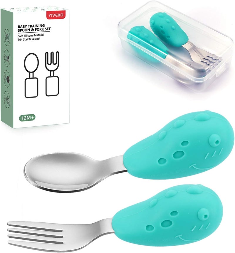 YIVEKO Baby Fork and Spoon Set with Carry Case Baby Training Utensils Self Feeding Toddler Silverware Silicone and Stainless Steel Kids and Toddler Utensil Set-Dinosaur - Image 1